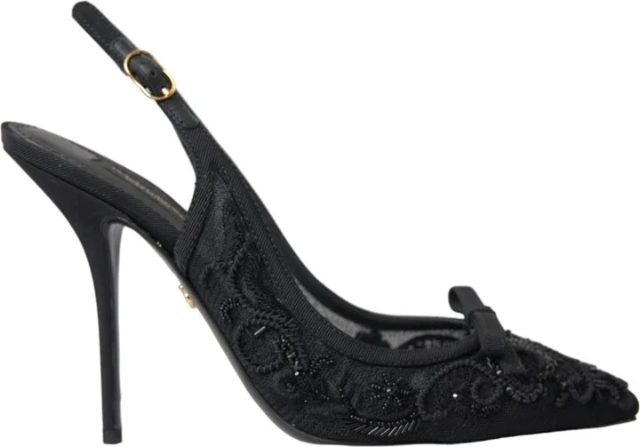 Black Tulle Ricamo Heels Slingbacks Women's Shoes (Pre-Owned)