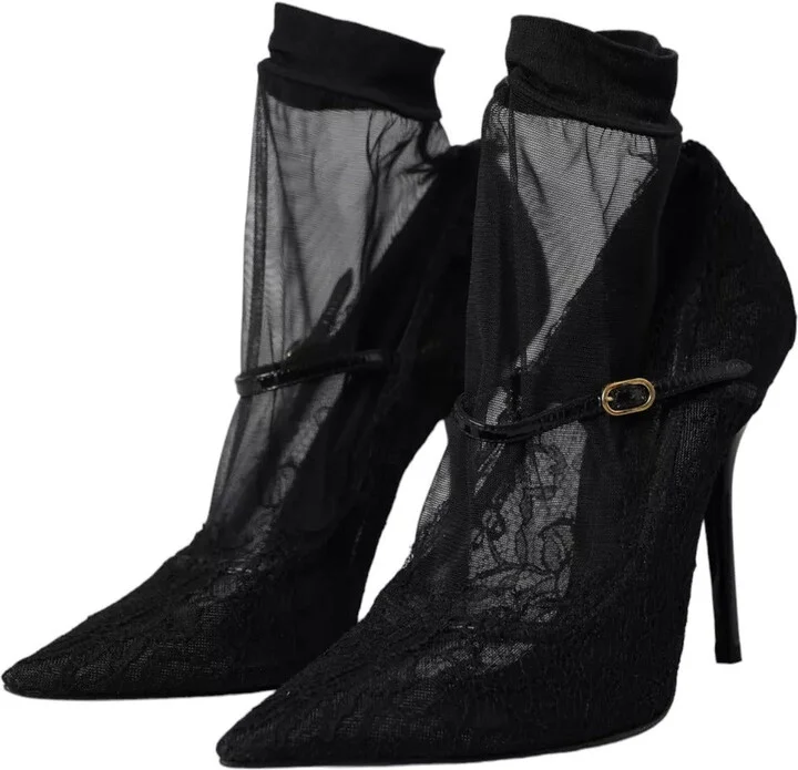 Black Tulle Stretch Boots Pumps Women's Shoes (Pre-Owned) - Image 4
