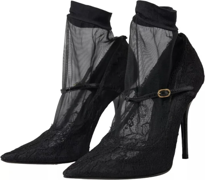 Black Tulle Stretch Boots Pumps Women's Shoes (Pre-Owned) - Image 5