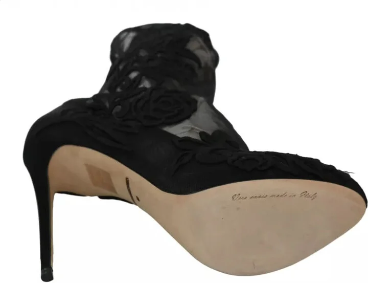 Black Tulle Stretch Floral Booties Women's Shoes (Pre-Owned) - Image 2