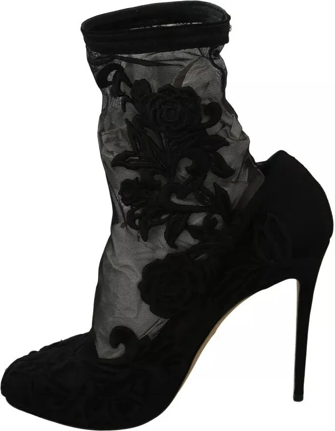 Black Tulle Stretch Floral Booties Women's Shoes (Pre-Owned) - Image 3