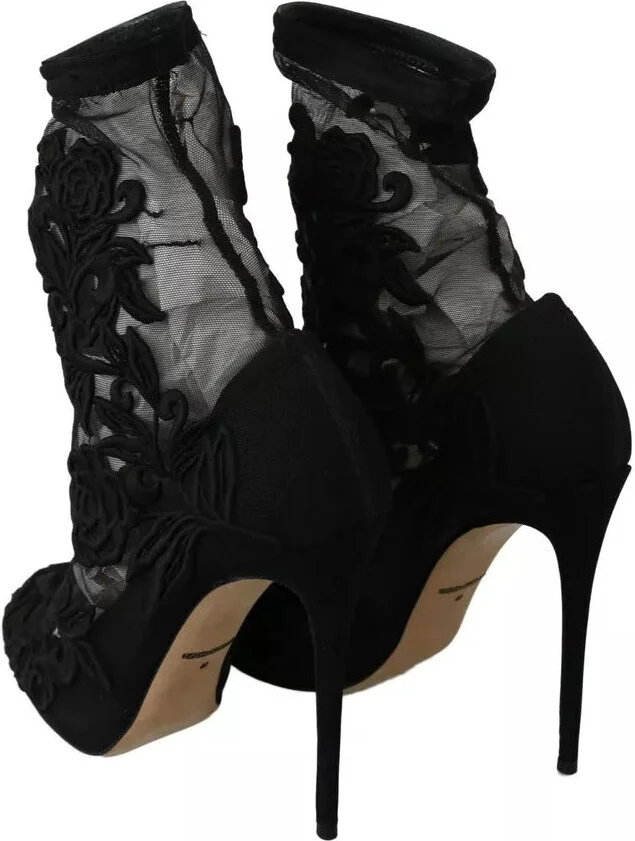 Black Tulle Stretch Floral Booties Women's Shoes (Pre-Owned) - Image 5