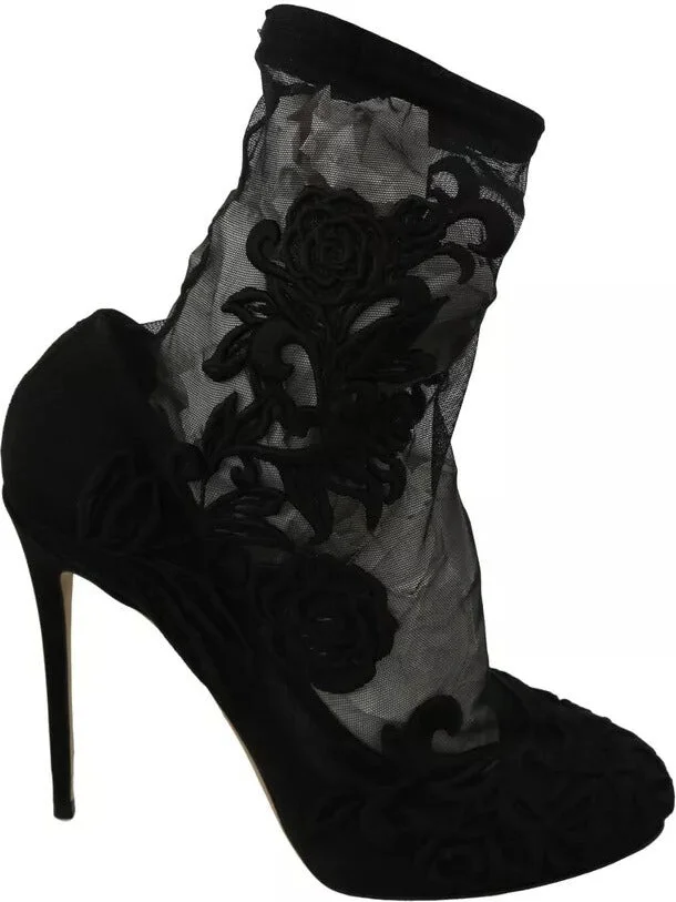 Black Tulle Stretch Floral Booties Women's Shoes (Pre-Owned)