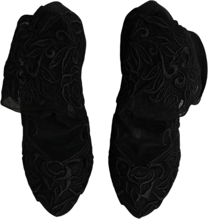 Black Tulle Stretch Heels Mid Calf Boots Women's Shoes (Pre-Owned) - Image 3