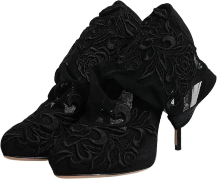 Black Tulle Stretch Heels Mid Calf Boots Women's Shoes (Pre-Owned) - Image 4