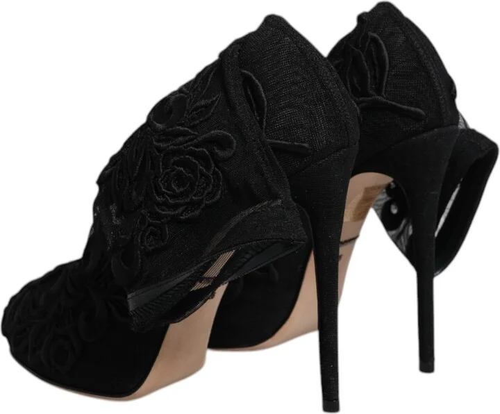 Black Tulle Stretch Heels Mid Calf Boots Women's Shoes (Pre-Owned) - Image 5