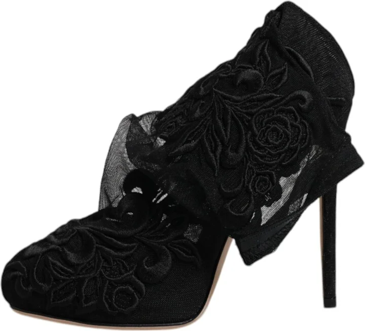 Black Tulle Stretch Heels Mid Calf Boots Women's Shoes (Pre-Owned) - Image 6