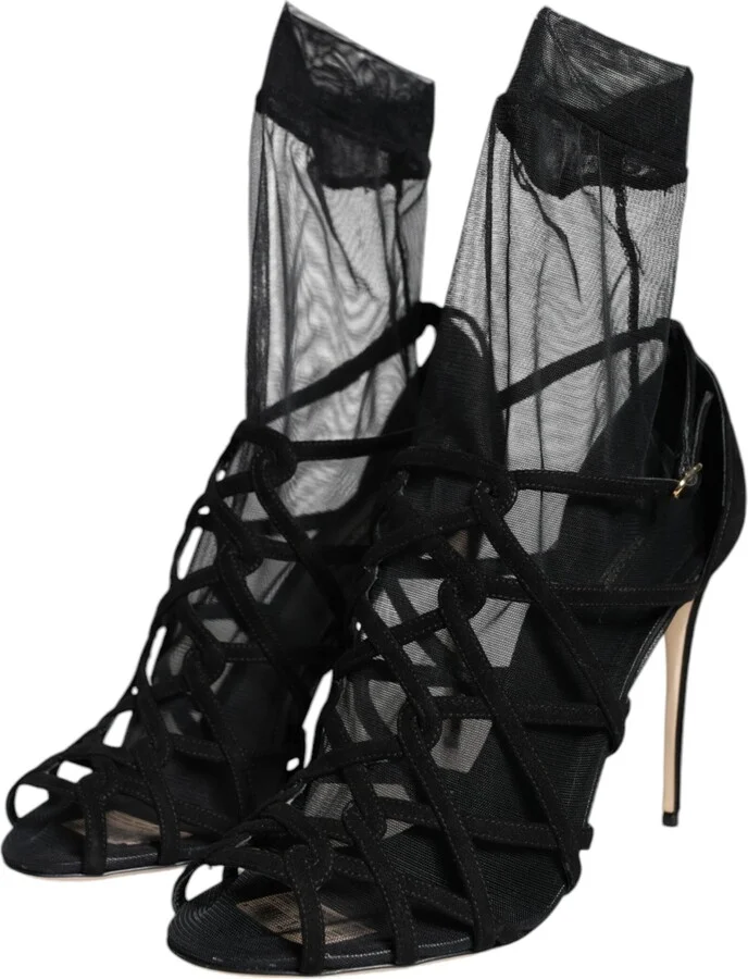 Black Tulle Stretch Heels Sandals Women's Shoes - Image 3