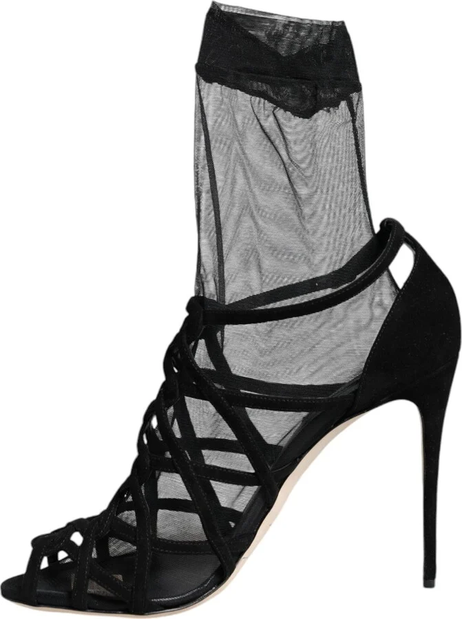 Black Tulle Stretch Heels Sandals Women's Shoes - Image 5