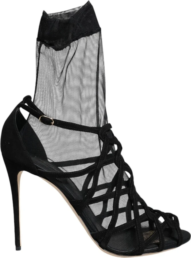 Black Tulle Stretch Heels Sandals Women's Shoes