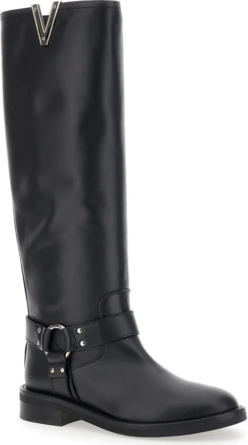 Black V-detailed Knee Boots In Leather Woman - Image 2