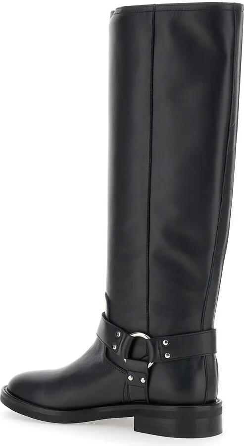 Black V-detailed Knee Boots In Leather Woman - Image 3