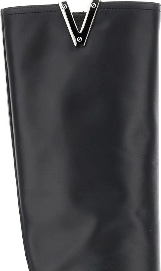 Black V-detailed Knee Boots In Leather Woman - Image 4