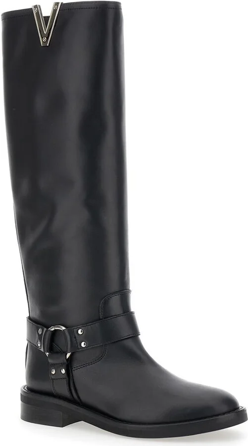 Black V-Detailed Knee Boots In Leather Woman - Image 2