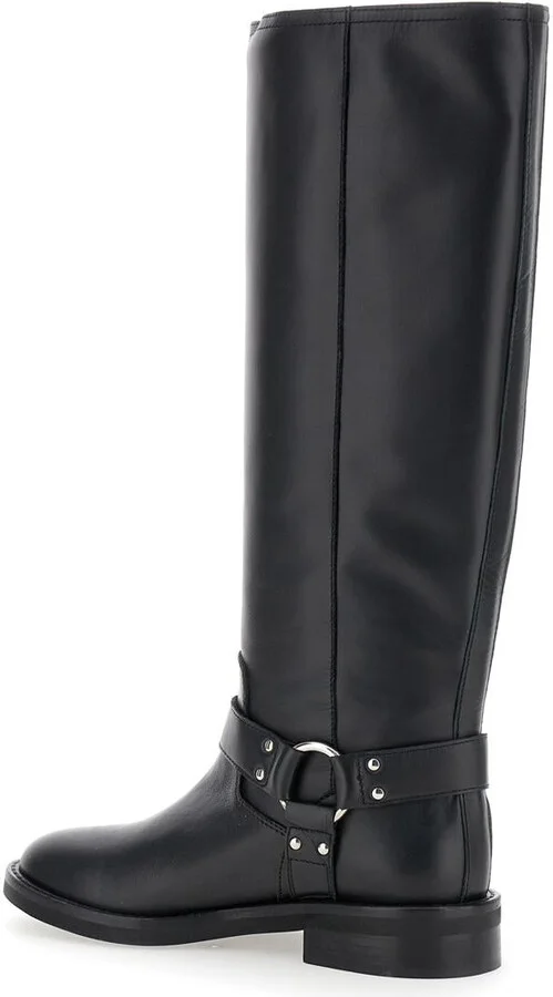 Black V-Detailed Knee Boots In Leather Woman - Image 3