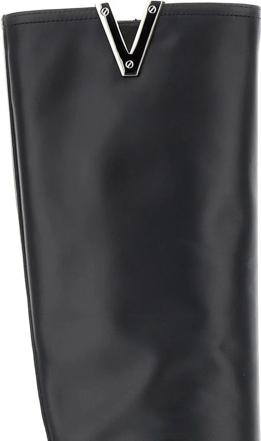 Black V-Detailed Knee Boots In Leather Woman - Image 4