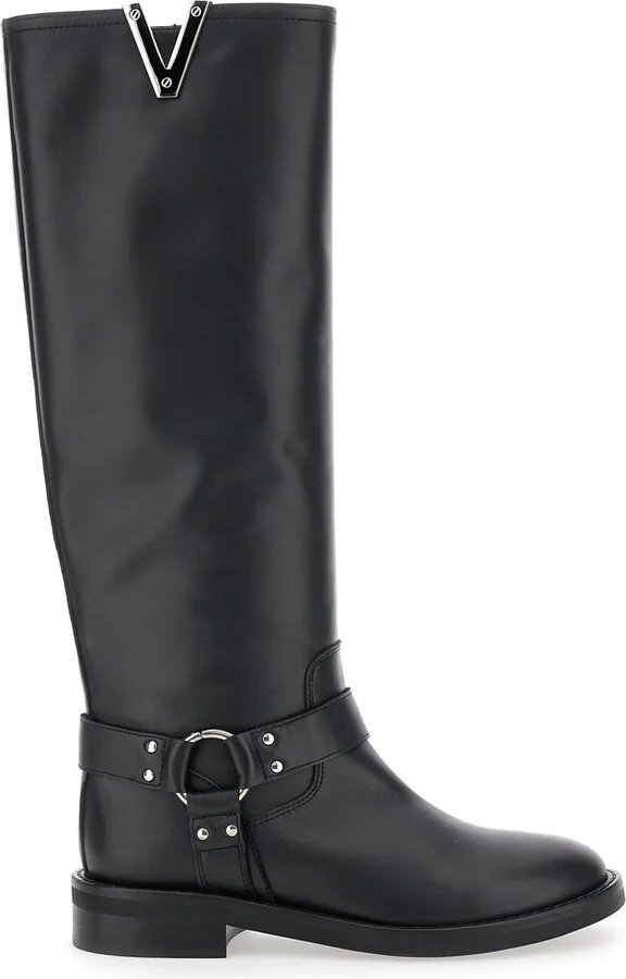 Black V-detailed Knee Boots In Leather Woman
