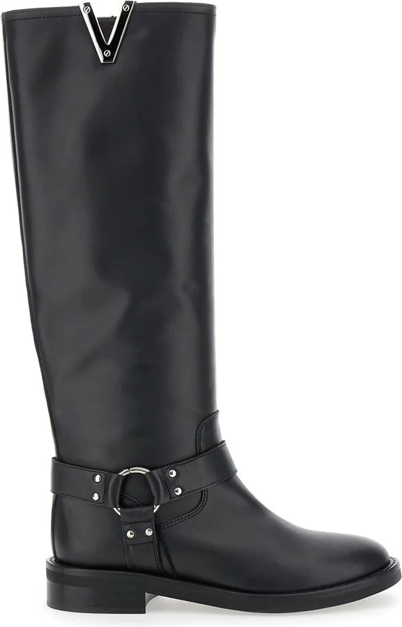 Black V-Detailed Knee Boots In Leather Woman