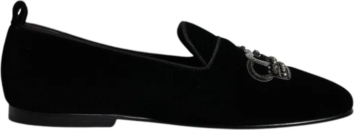 Black Velvet Crystal Crown Loafers Formal Dress Men's Shoes
