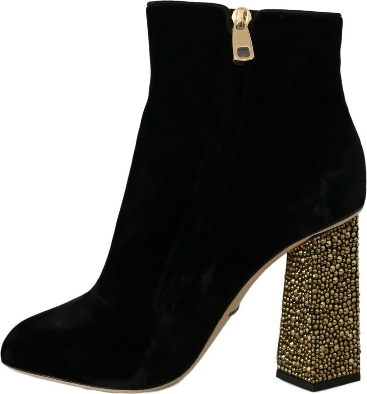 Black Velvet Crystal Square Heels Women's Shoes - Image 2
