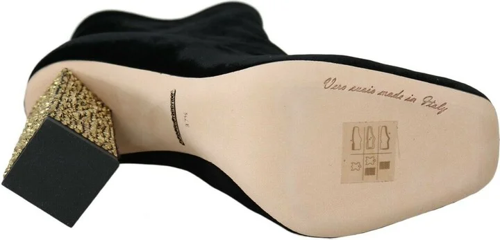 Black Velvet Crystal Square Heels Women's Shoes - Image 3
