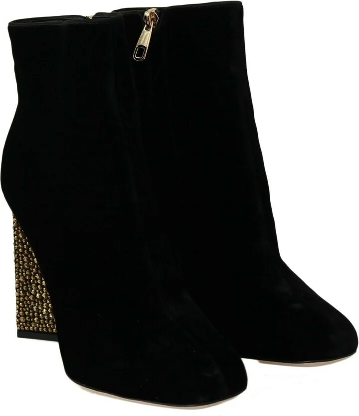 Black Velvet Crystal Square Heels Women's Shoes - Image 6