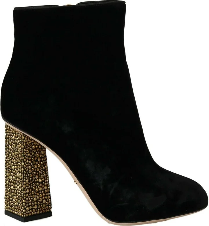 Black Velvet Crystal Square Heels Women's Shoes