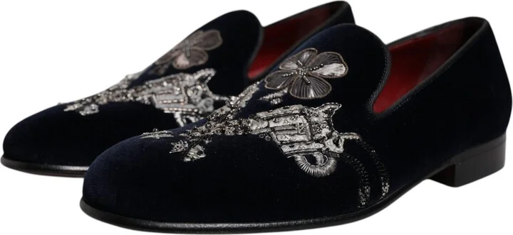 Black Velvet Floral Gun Loafers Dress Men's Shoes - Image 3