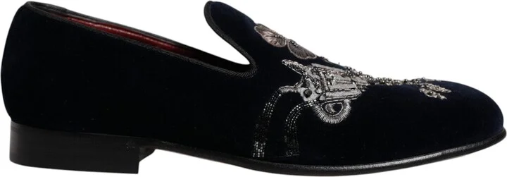 Black Velvet Floral Gun Loafers Dress Men's Shoes