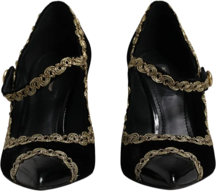 Black Velvet Gold Mary Janes Pumps Women's Shoes (Pre-Owned) - Image 2