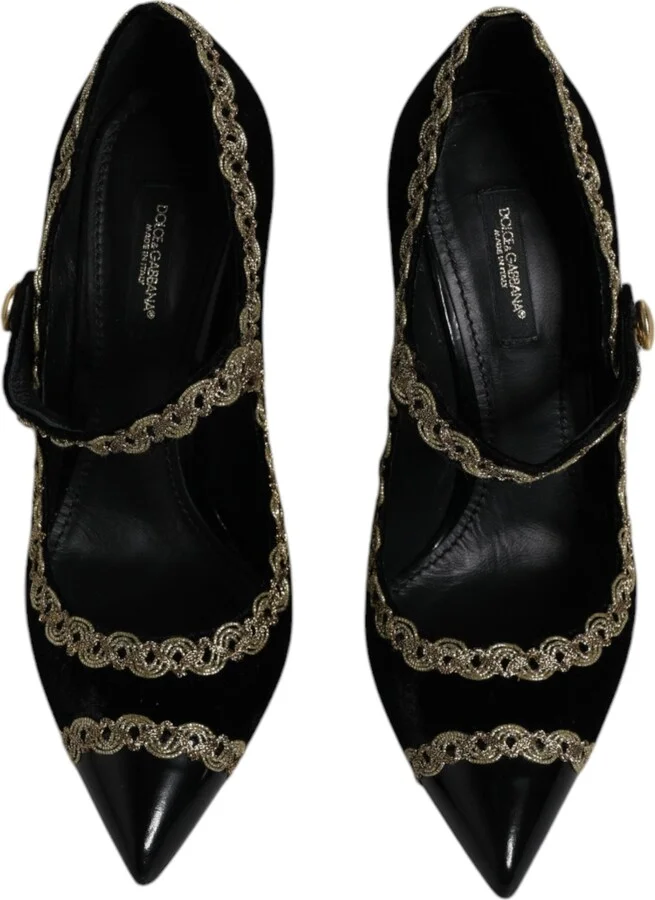 Black Velvet Gold Mary Janes Pumps Women's Shoes (Pre-Owned) - Image 3