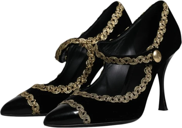 Black Velvet Gold Mary Janes Pumps Women's Shoes (Pre-Owned) - Image 4