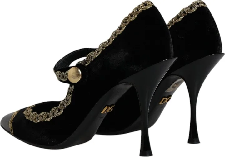 Black Velvet Gold Mary Janes Pumps Women's Shoes (Pre-Owned) - Image 5