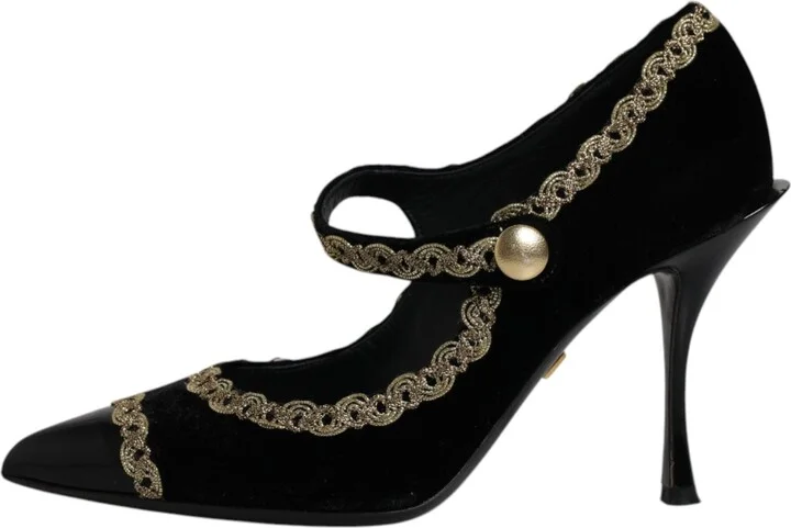 Black Velvet Gold Mary Janes Pumps Women's Shoes (Pre-Owned) - Image 6