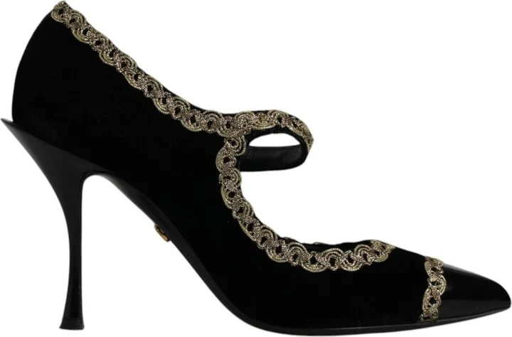 Black Velvet Gold Mary Janes Pumps Women's Shoes (Pre-Owned)