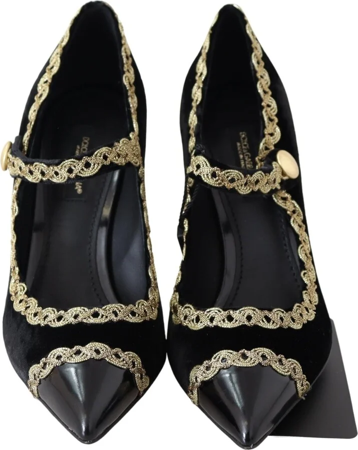Black Velvet Gold Mary Janes Women's Pumps - Image 2