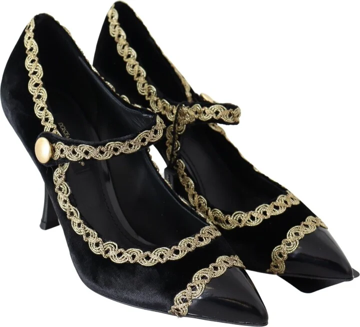 Black Velvet Gold Mary Janes Women's Pumps - Image 3