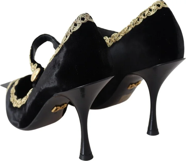 Black Velvet Gold Mary Janes Women's Pumps - Image 4