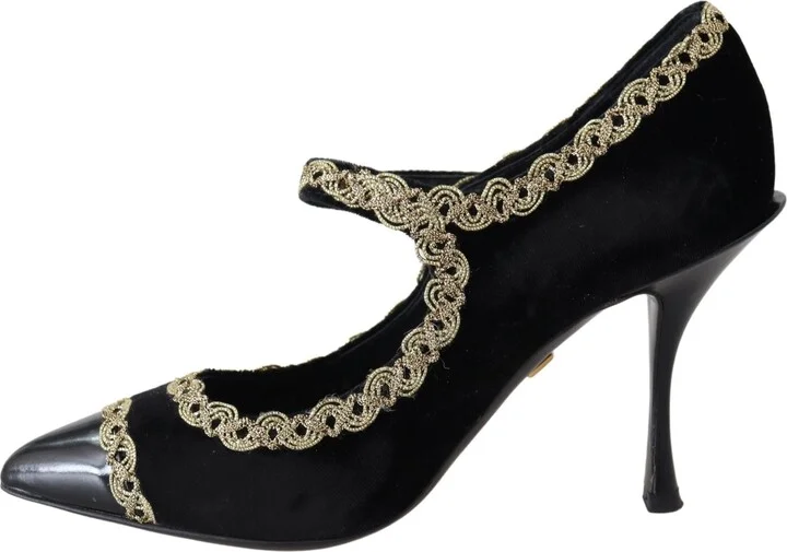 Black Velvet Gold Mary Janes Women's Pumps - Image 5