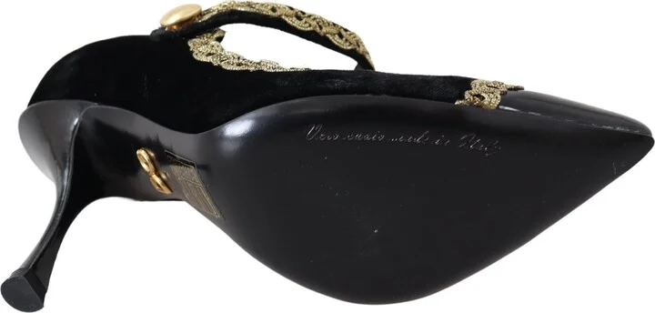 Black Velvet Gold Mary Janes Women's Pumps - Image 6