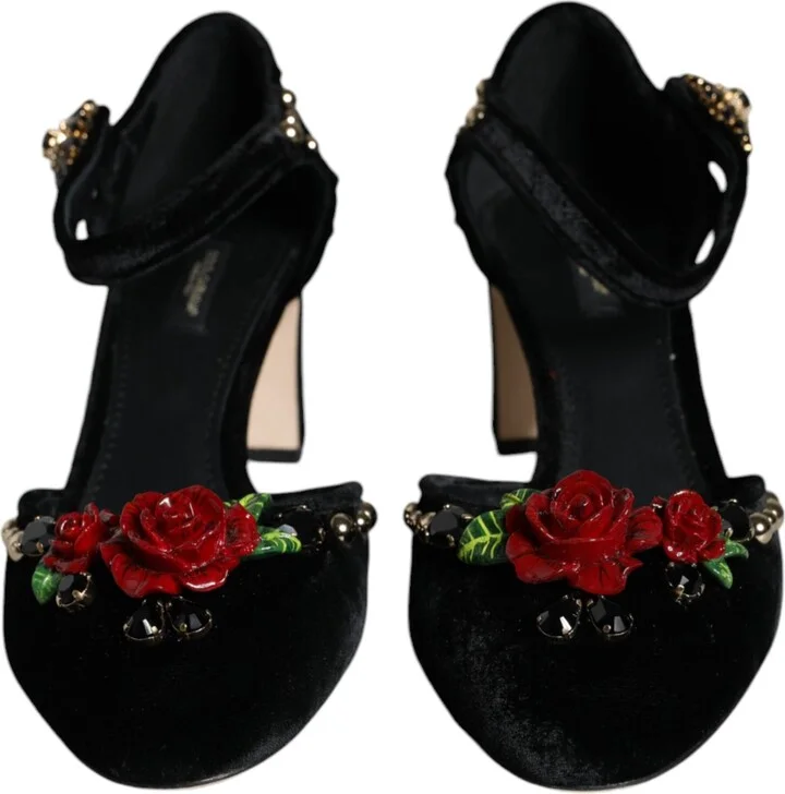 Black Velvet Roses Ankle Strap Pumps Women's Shoes - Image 2