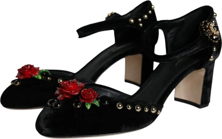 Black Velvet Roses Ankle Strap Pumps Women's Shoes - Image 3