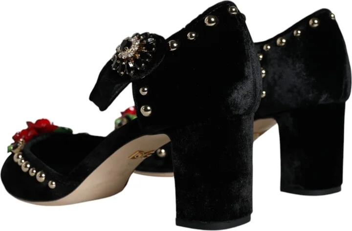 Black Velvet Roses Ankle Strap Pumps Women's Shoes - Image 4