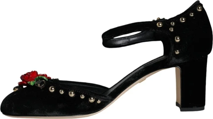 Black Velvet Roses Ankle Strap Pumps Women's Shoes - Image 5