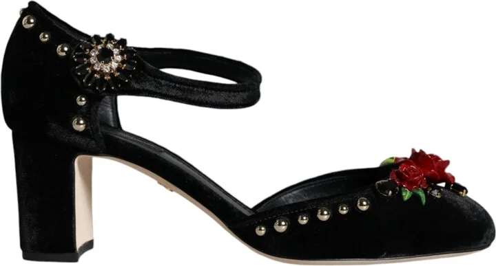 Black Velvet Roses Ankle Strap Pumps Women's Shoes