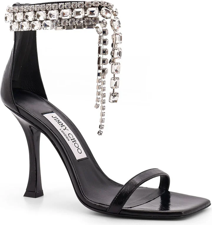 Black Vintage Leather Sandals With Crystals Detail - Image 2