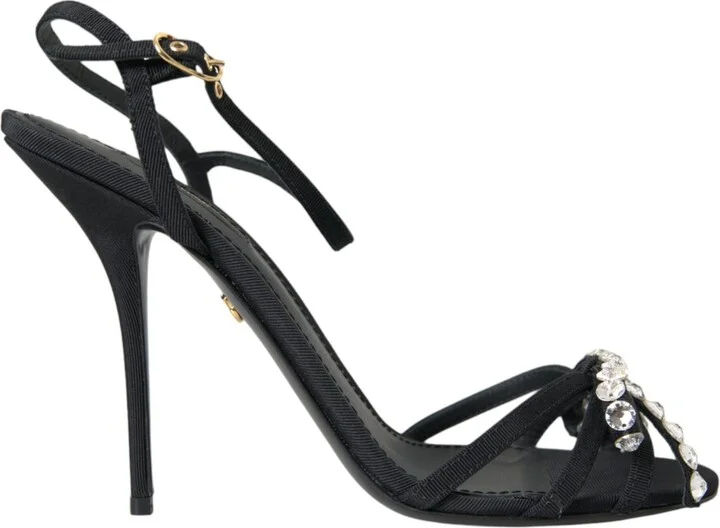 Black Viscose Crystal Bow Heels Sandals Women's Shoes
