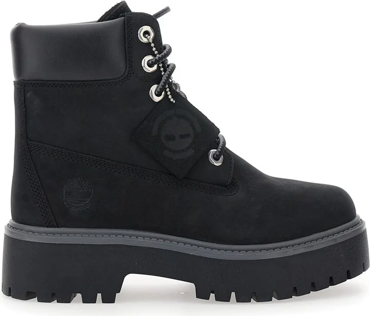 Black Water-proof Boots With Logo Plate In Leather Woman