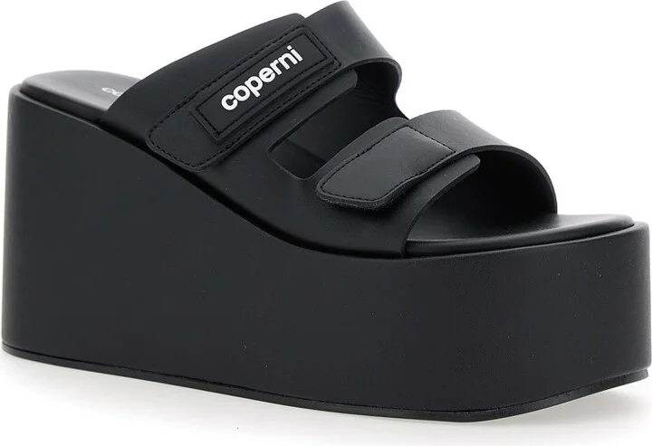 Black Wedges With Logo Patch On The Front And Touch-strap Closure In Leather Woman - Image 2