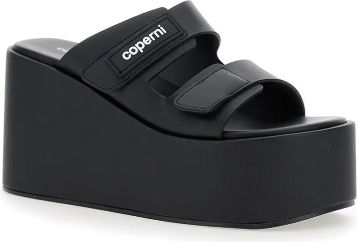 Black Wedges With Logo Patch On The Front And Touch-Strap Closure In Leather Woman - Image 2